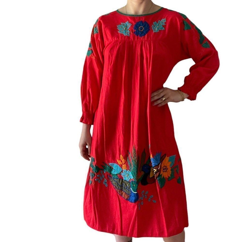 Vintage 1970s Womens Saybury Red Floral Duck Embroidered Cottagecore Dress Sz M